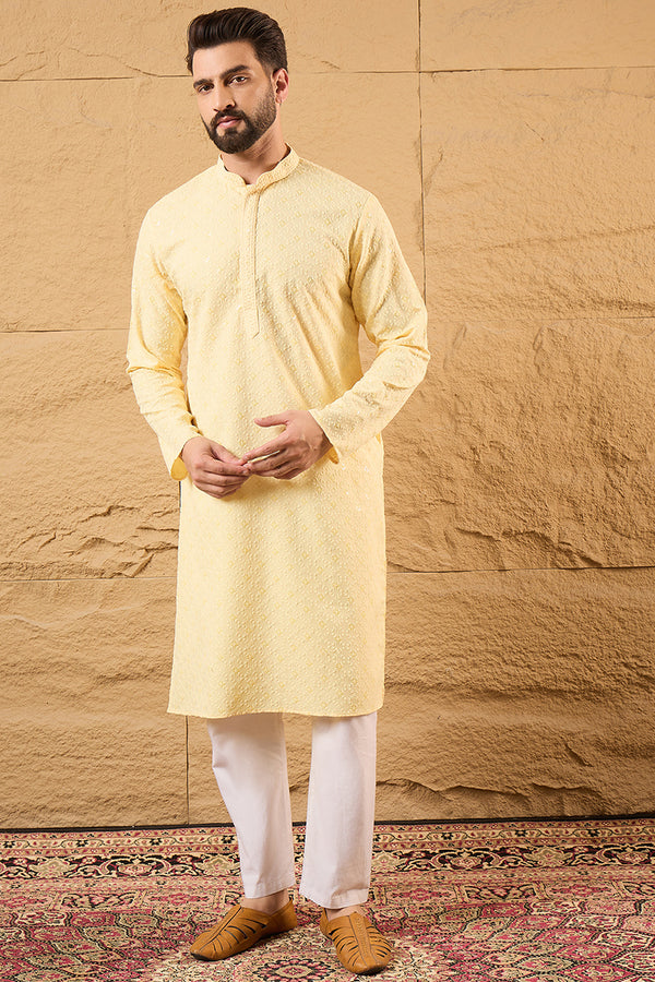 Yellow Rayon Blend Solid Embroidered Straight Kurta HOPMKU1218