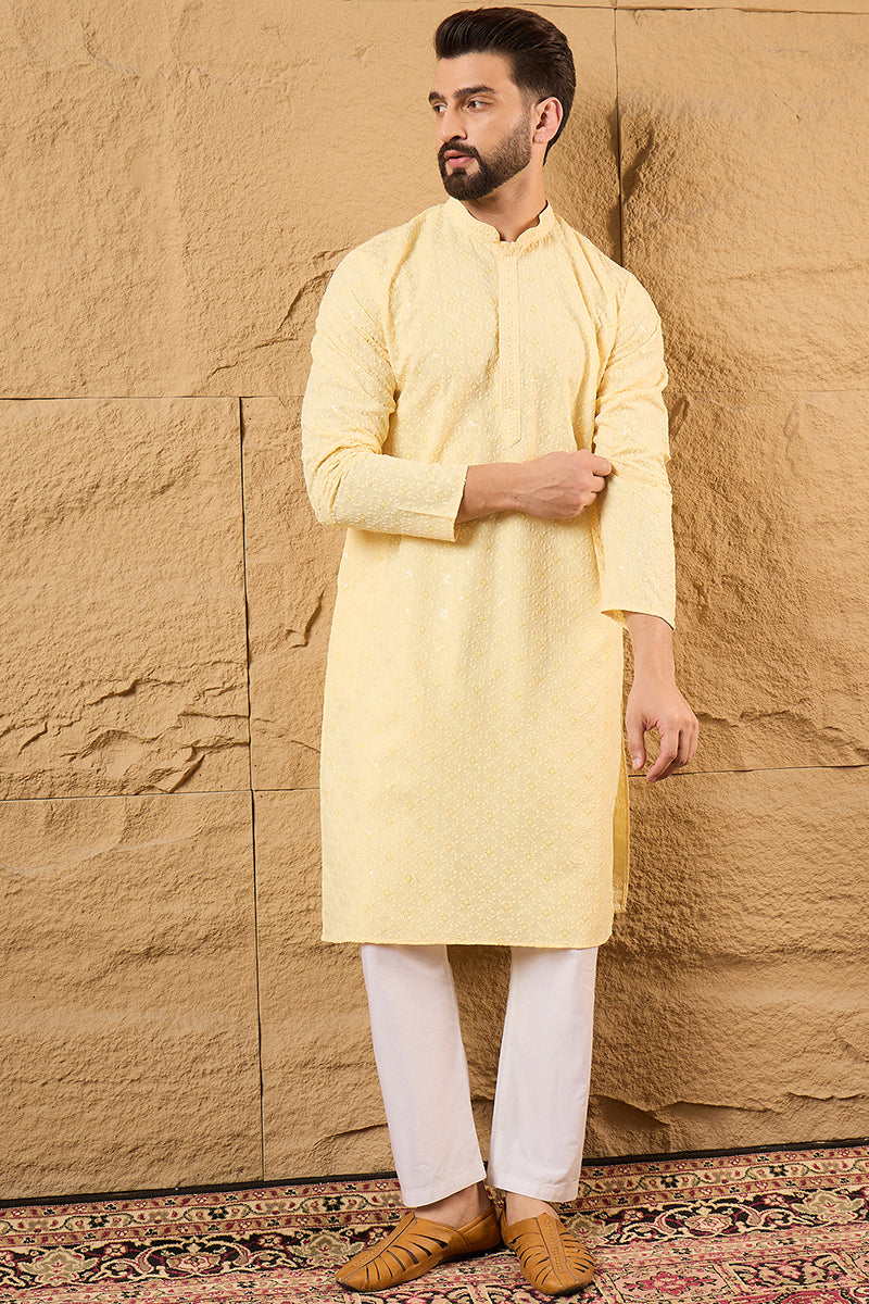 Yellow Rayon Blend Solid Embroidered Straight Kurta HOPMKU1218