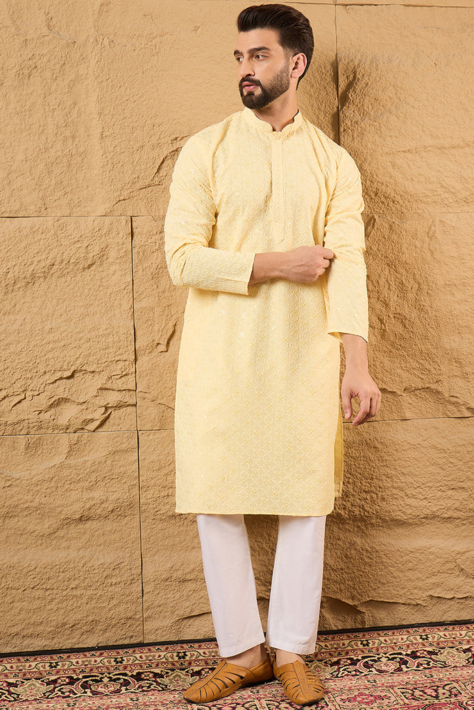 Yellow Rayon Blend Solid Embroidered Straight Kurta HOPMKU1218