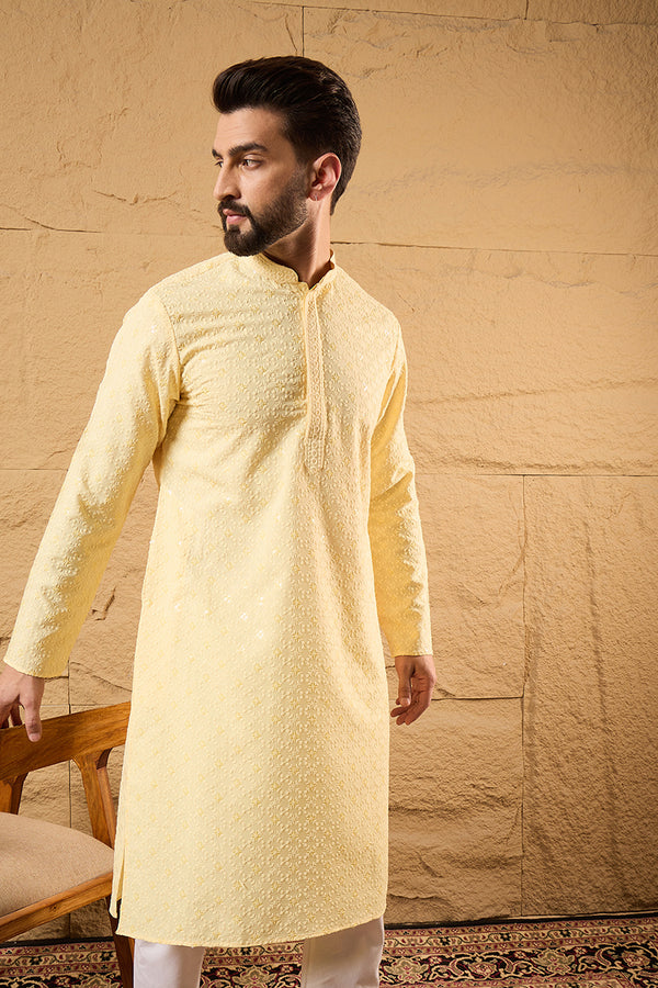 Yellow Rayon Blend Solid Embroidered Straight Kurta HOPMKU1218