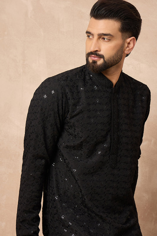 Black Viscose Rayon Solid Embroidered Straight Kurta MKU1224