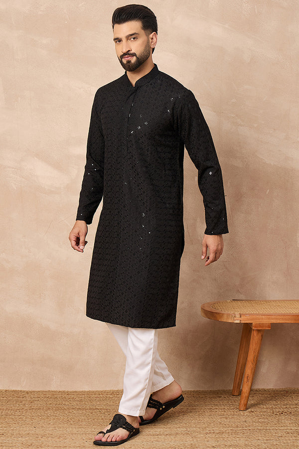 Black Viscose Rayon Solid Embroidered Straight Kurta MKU1224