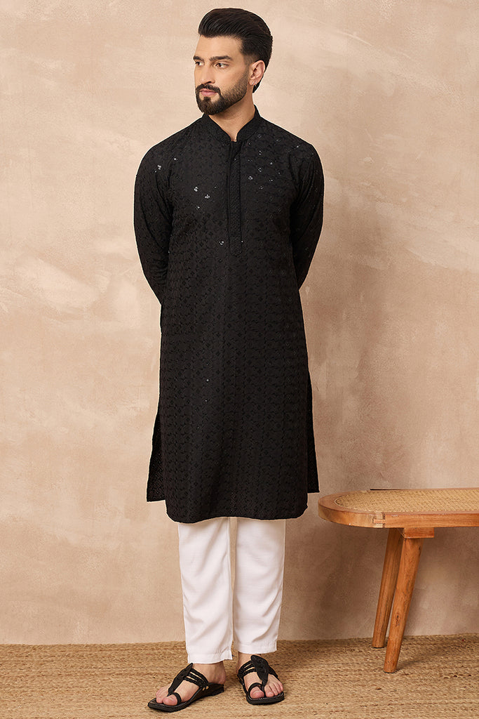 Black Viscose Rayon Solid Embroidered Straight Kurta MKU1224
