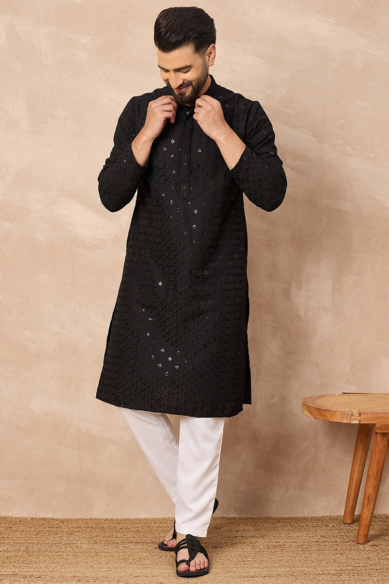 Black Viscose Rayon Solid Embroidered Straight Kurta MKU1224