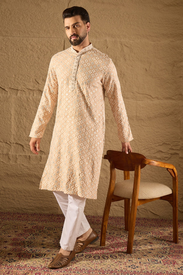 Beige Viscose Rayon Solid Embroidered Straight Kurta MKU1235