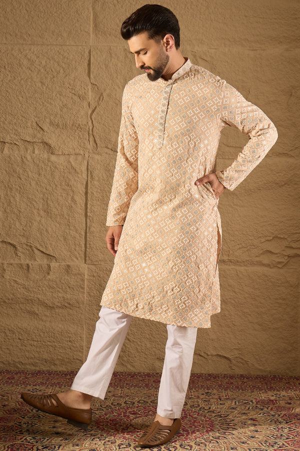 Beige Viscose Rayon Solid Embroidered Straight Kurta MKU1235