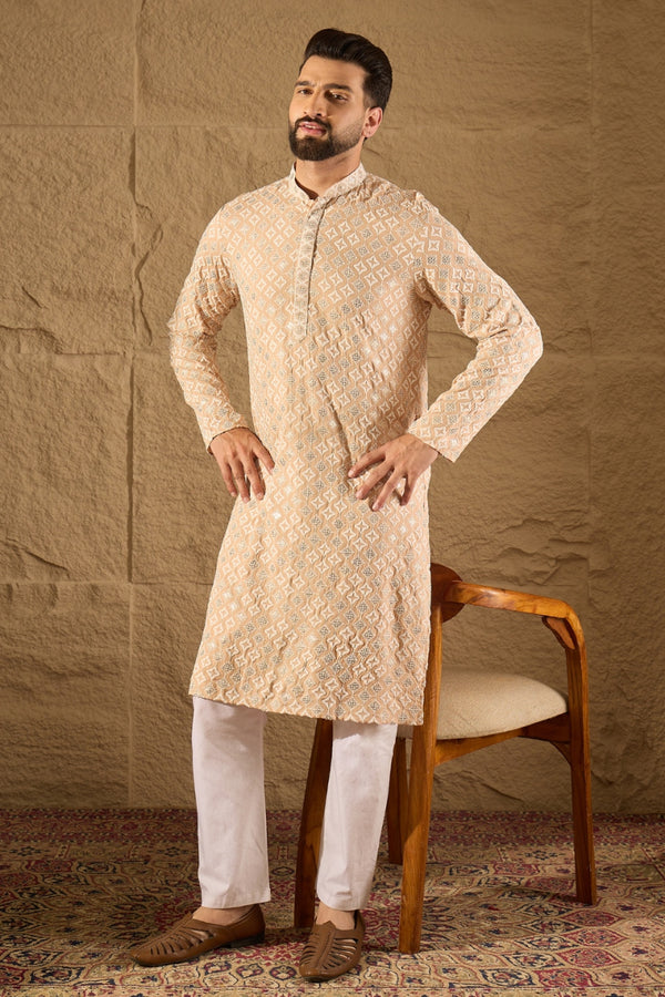 Beige Viscose Rayon Solid Embroidered Straight Kurta MKU1235