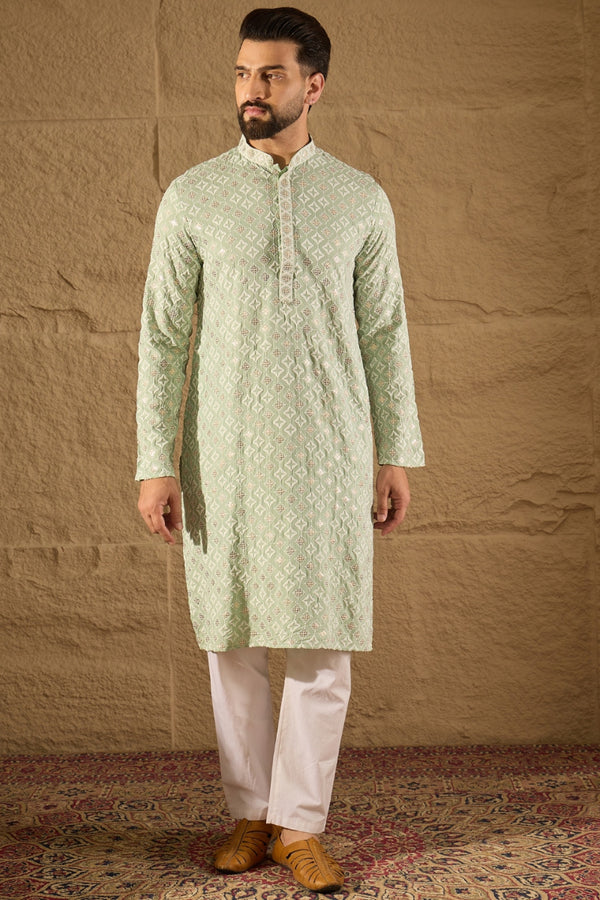 Green Viscose Rayon Solid Embroidered Straight Kurta With Pant Set MKSET1238