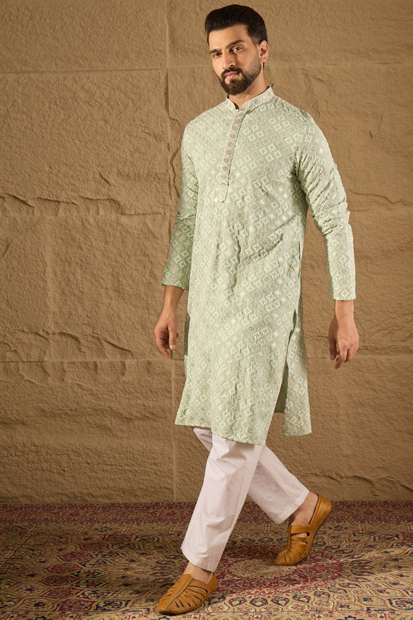 Green Viscose Rayon Solid Embroidered Straight Kurta With Pant Set MKSET1238