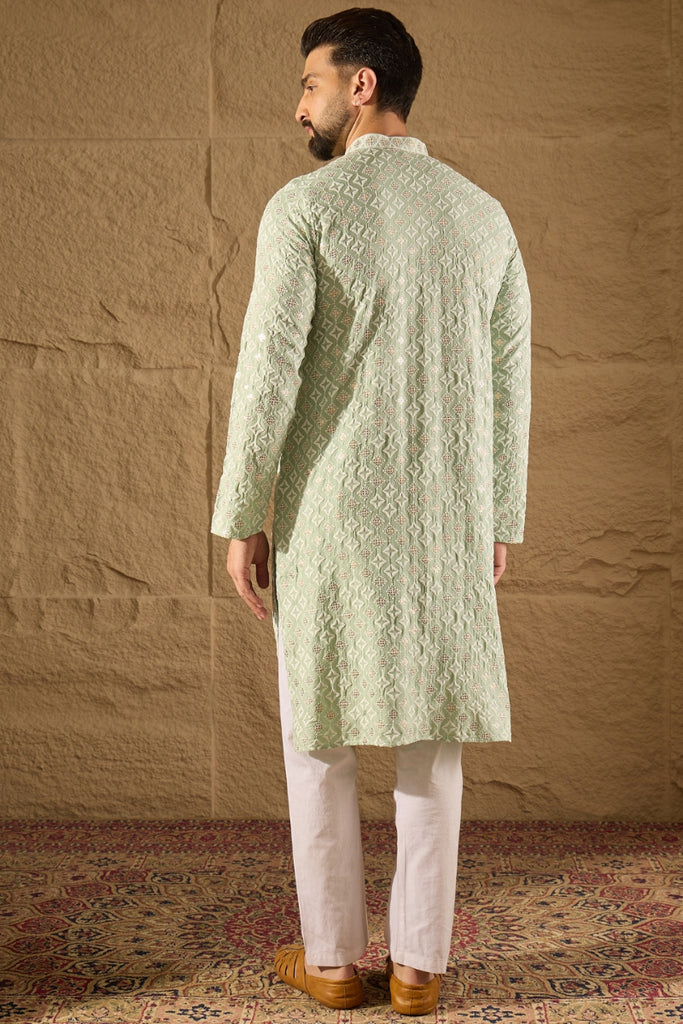 Green Viscose Rayon Solid Embroidered Straight Kurta With Pant Set MKSET1238