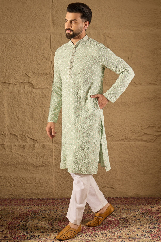 Green Viscose Rayon Solid Embroidered Straight Kurta With Pant Set MKSET1238