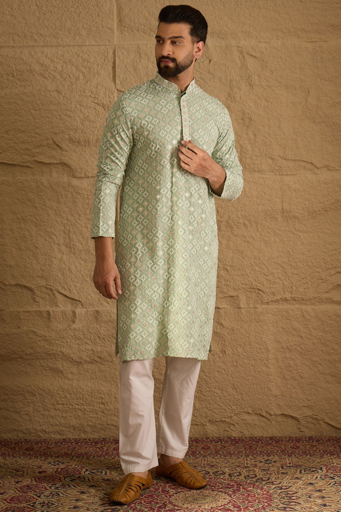 Green Viscose Rayon Solid Embroidered Straight Kurta With Pant Set MKSET1238