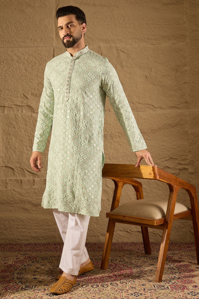 Green Viscose Rayon Solid Embroidered Straight Kurta With Pant Set MKSET1238