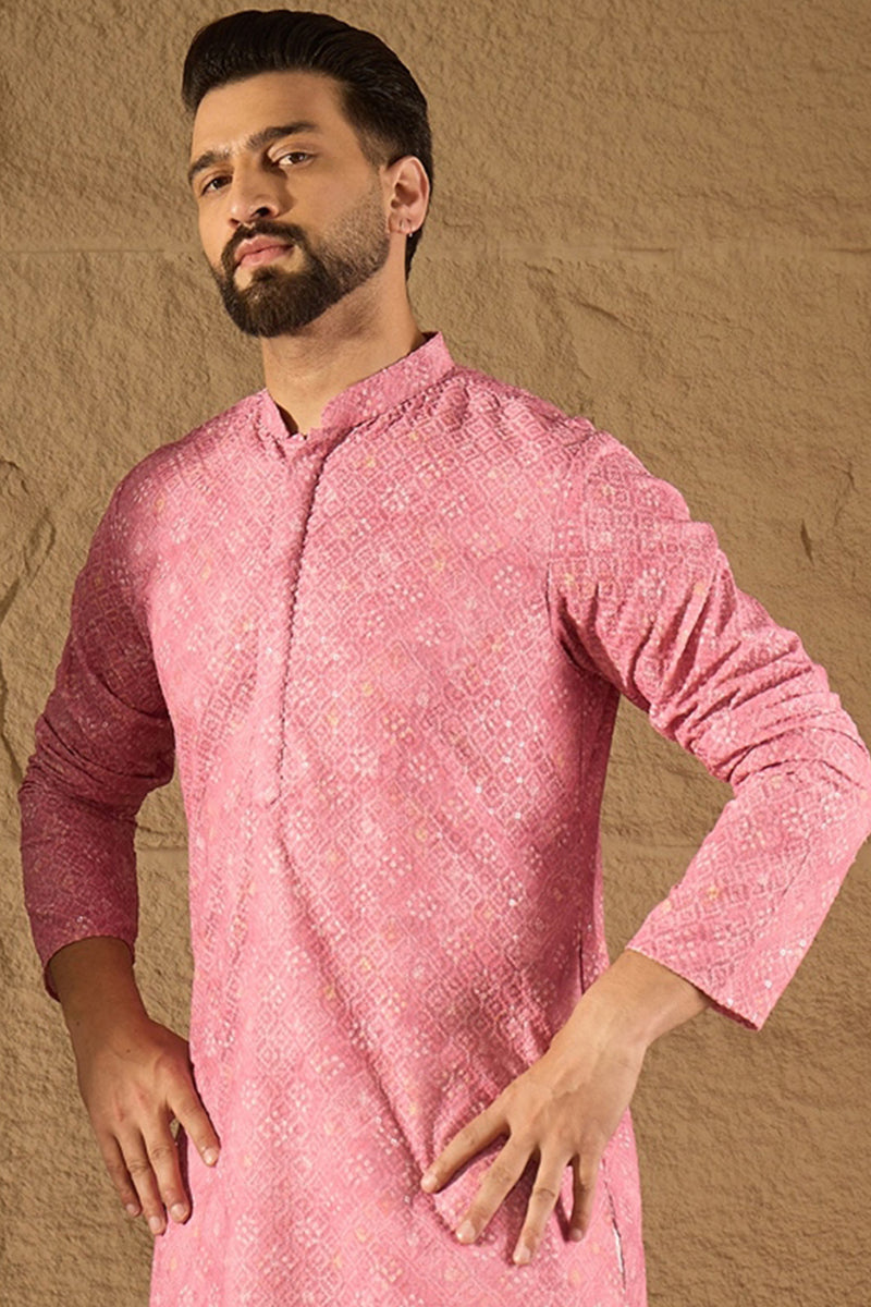 Pink Viscose Rayon Bandhani Embroidered Straight Kurta MKU1245