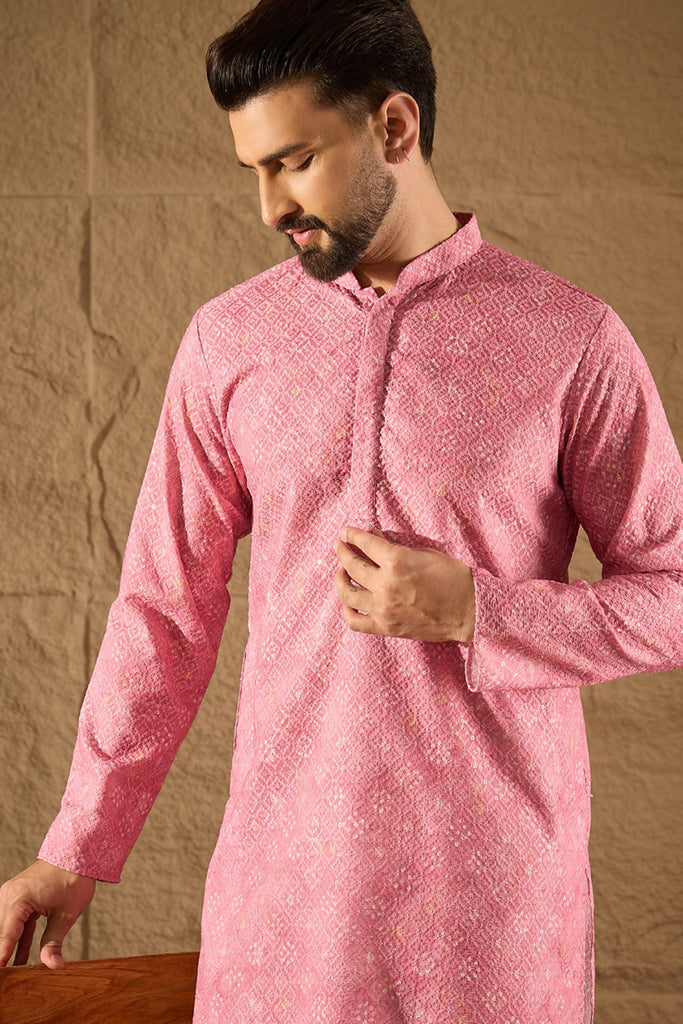 Pink Viscose Rayon Bandhani Embroidered Straight Kurta MKU1245
