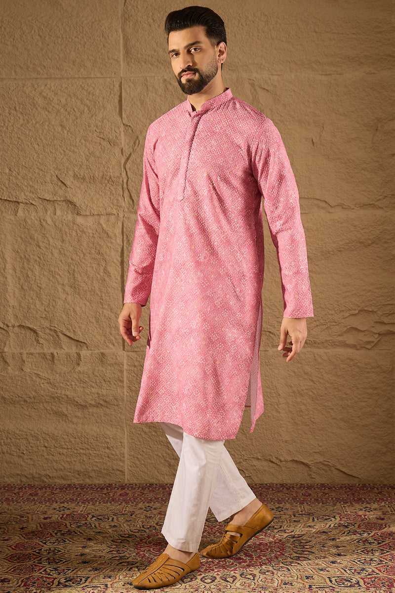 Pink Viscose Rayon Bandhani Embroidered Straight Kurta MKU1245
