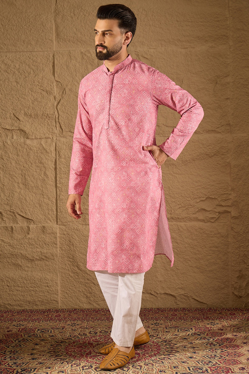 Pink Viscose Rayon Bandhani Embroidered Straight Kurta MKU1245