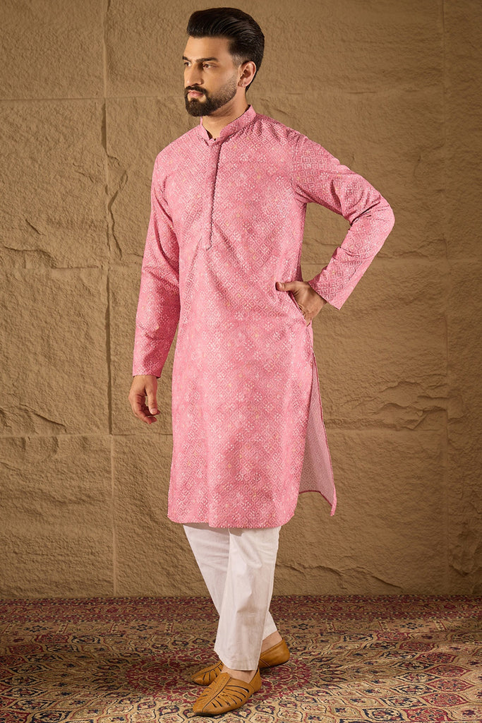 Pink Viscose Rayon Bandhani Embroidered Straight Kurta MKU1245
