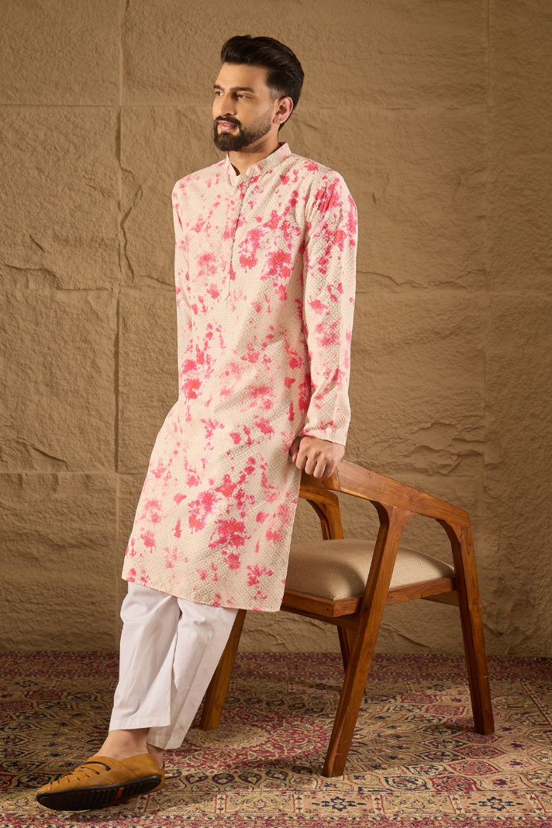 Peach Viscose Rayon Shibori Embroidered Straight Kurta MKU1262