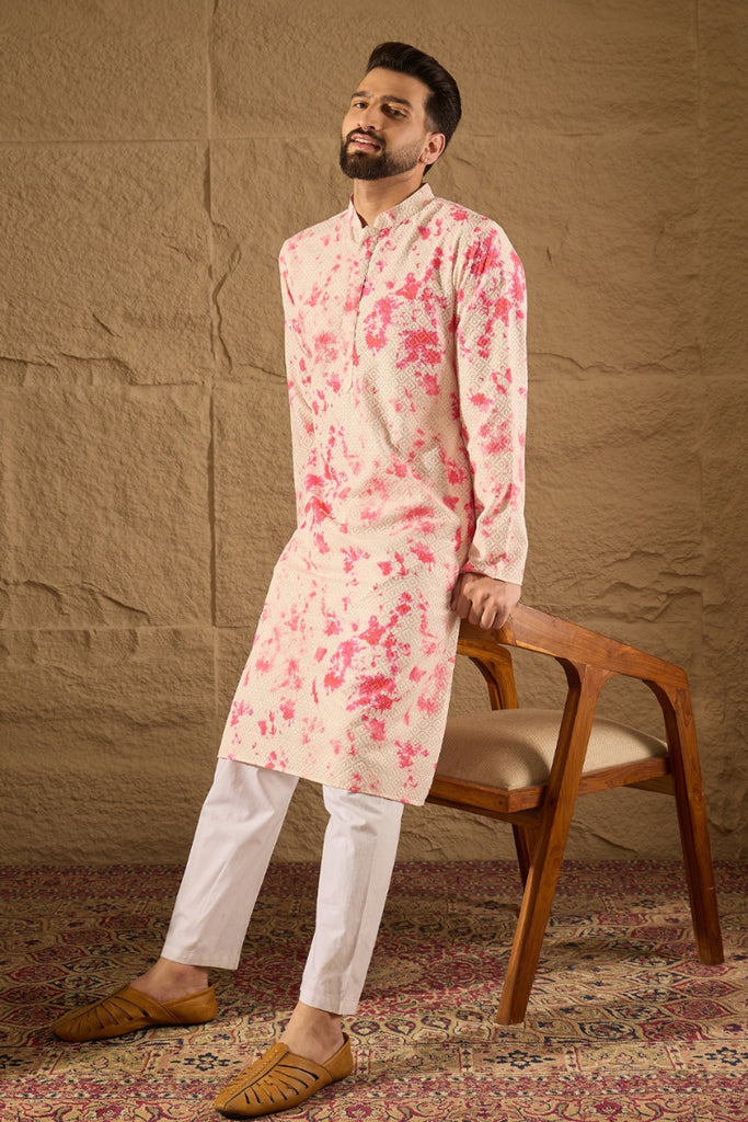 Peach Viscose Rayon Shibori Embroidered Straight Kurta MKU1262