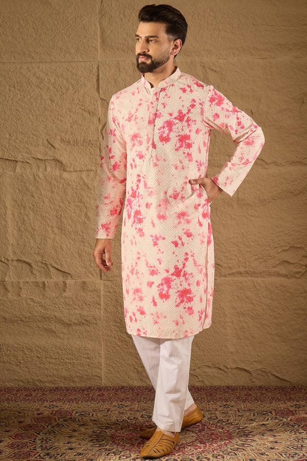 Peach Viscose Rayon Shibori Embroidered Straight Kurta MKU1262