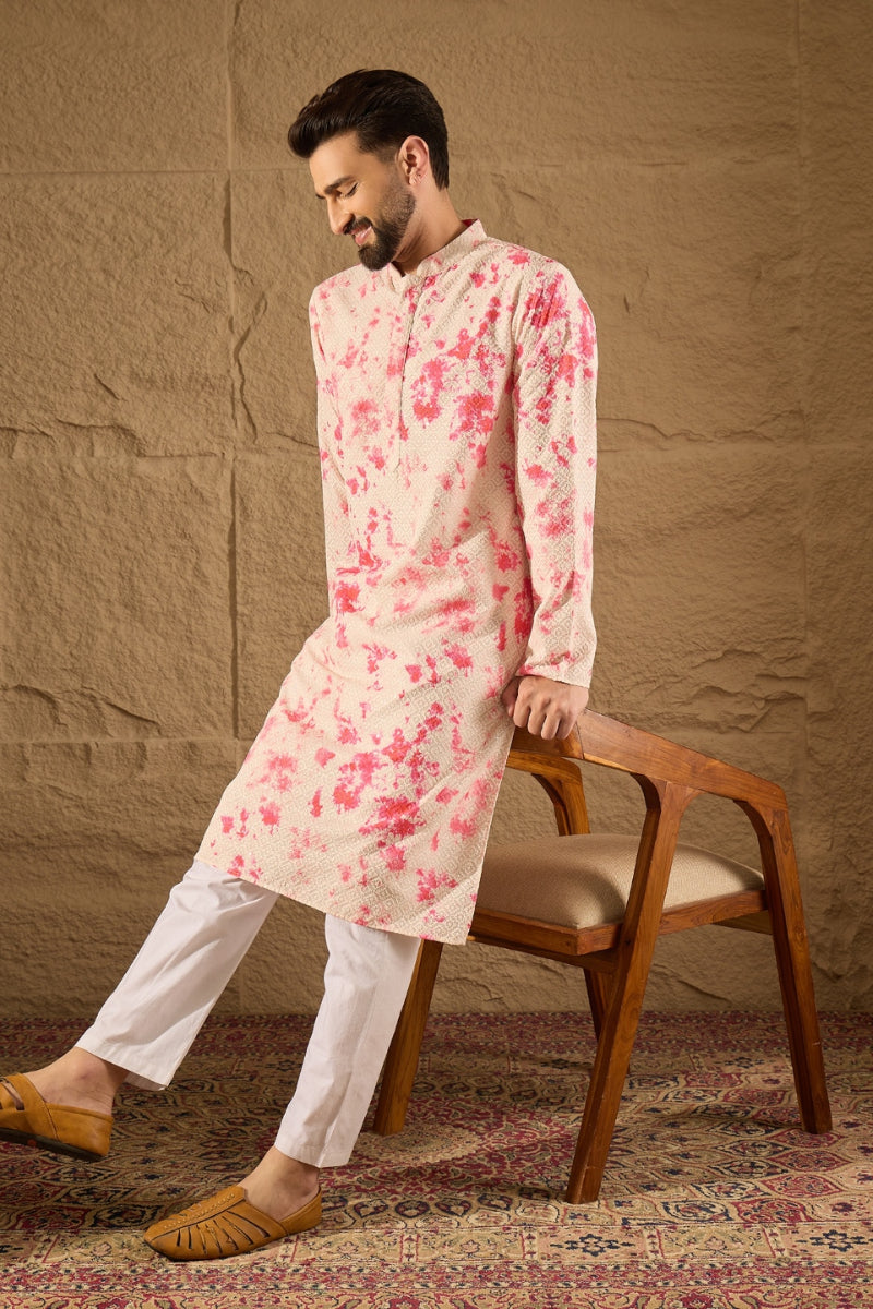 Peach Viscose Rayon Shibori Embroidered Straight Kurta MKU1262