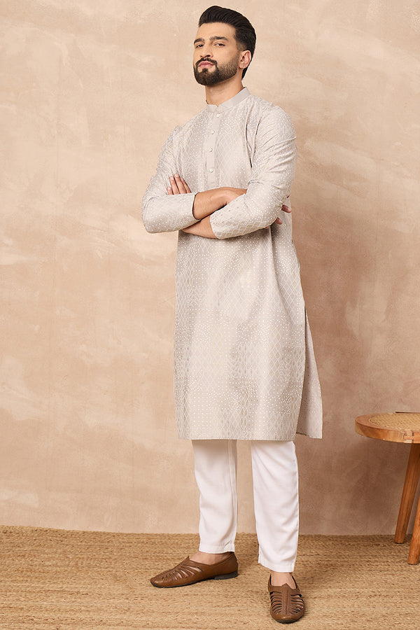Grey Silk Geometric Printed Straight Kurta With Pant Set MKSET1272