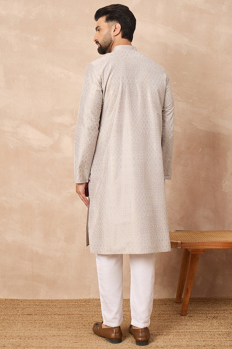 Grey Silk Geometric Printed Straight Kurta With Pant Set MKSET1272