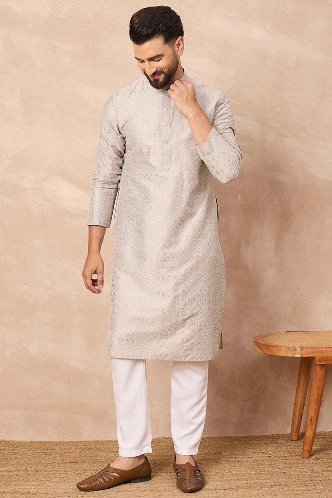Grey Silk Geometric Printed Straight Kurta With Pant Set MKSET1272