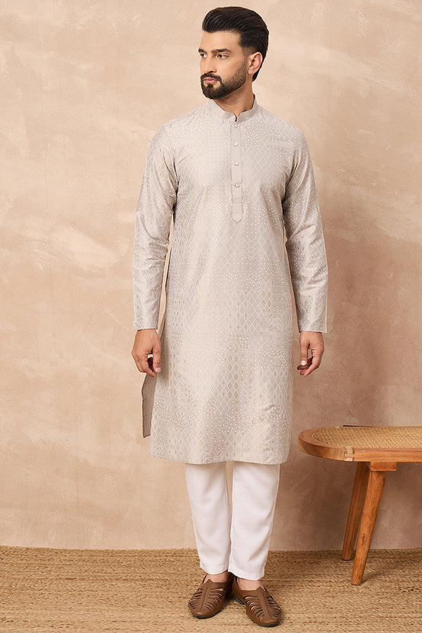 Grey Silk Geometric Printed Straight Kurta With Pant Set MKSET1272