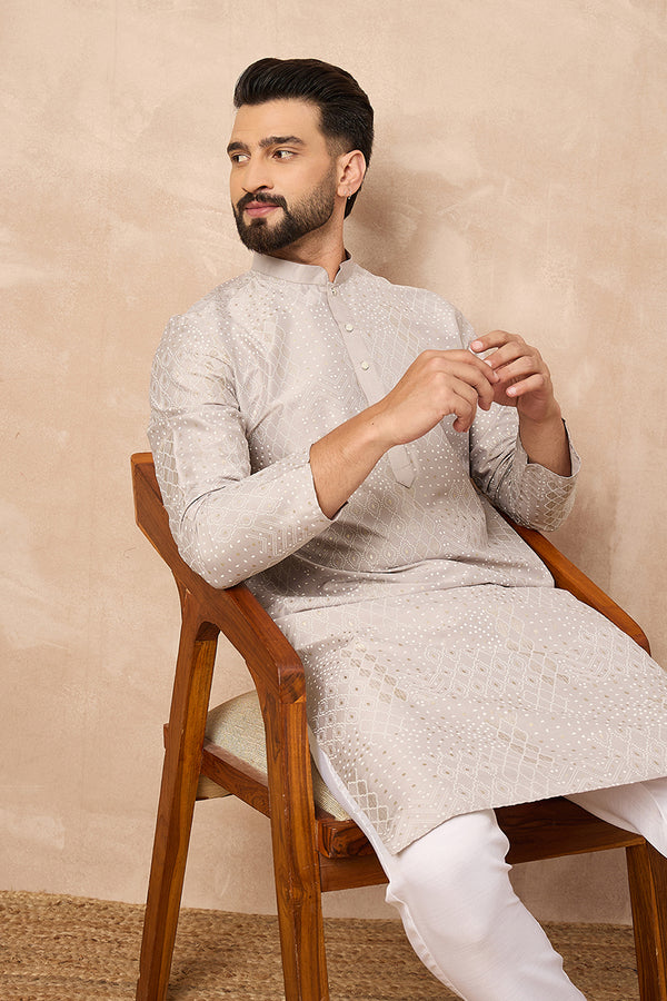 Grey Silk Geometric Printed Straight Kurta With Pant Set MKSET1272