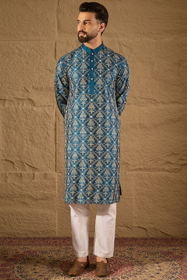 Blue Silk Floral Printed Straight Kurta HOPMKU1273