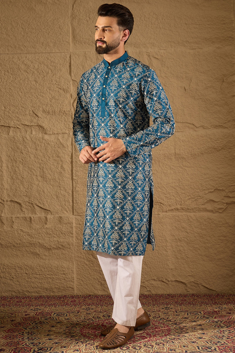Blue Pure Silk Floral Printed Straight Kurta with Trouser MKSET1273