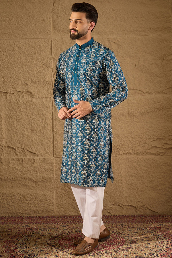 Blue Pure Silk Floral Printed Straight Kurta with Trouser MKSET1273