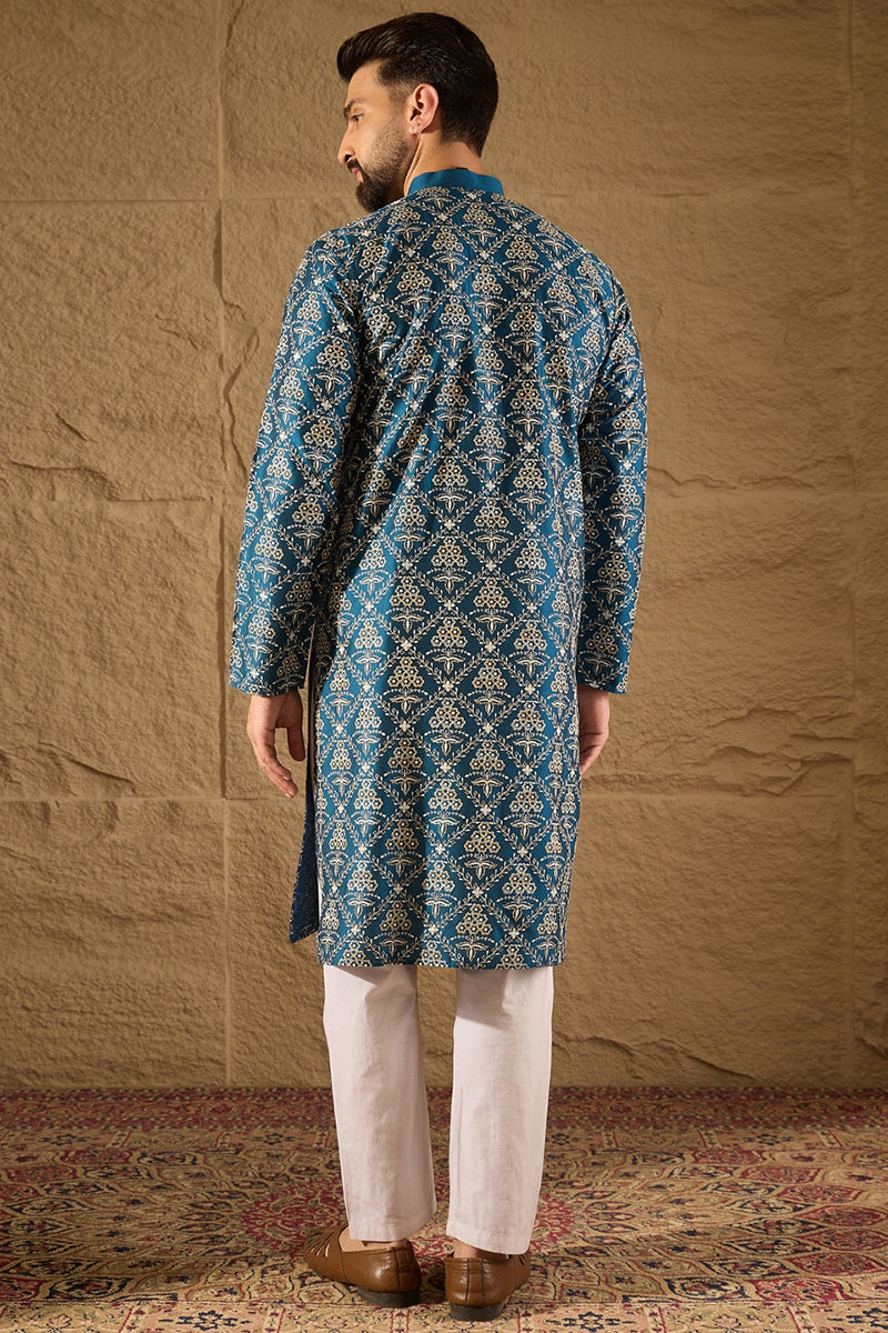 Blue Pure Silk Floral Printed Straight Kurta with Trouser MKSET1273