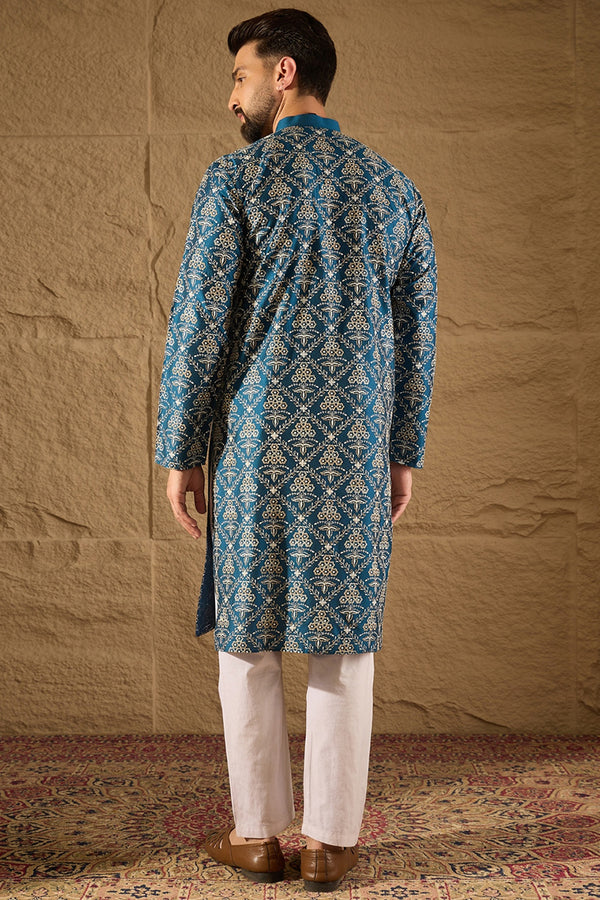 Blue Pure Silk Floral Printed Straight Kurta with Trouser MKSET1273