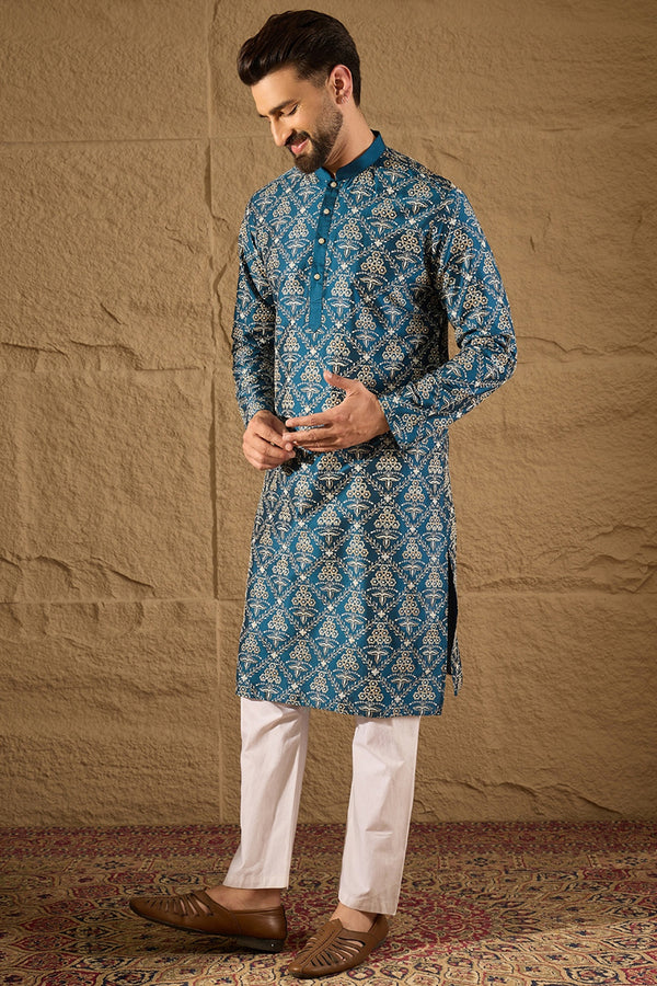 Blue Silk Printed Straight Kurta MKU1273