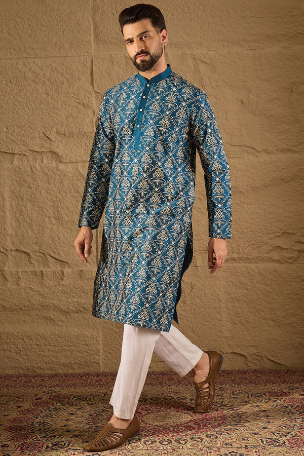 Blue Silk Printed Straight Kurta MKU1273