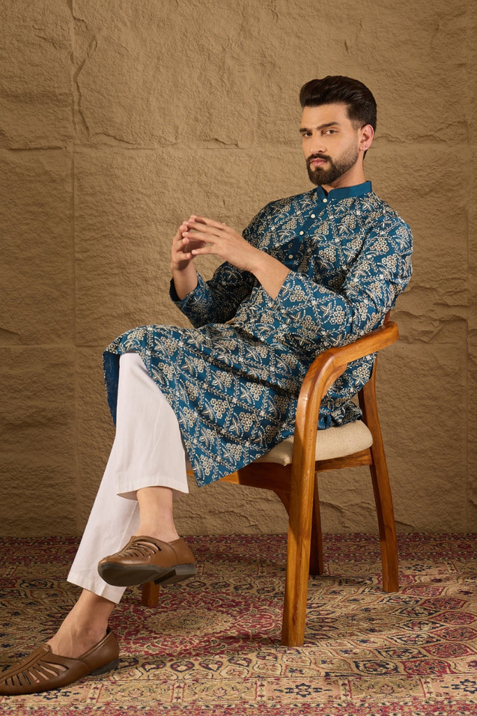 Blue Silk Floral Printed Straight Kurta HOPMKU1273