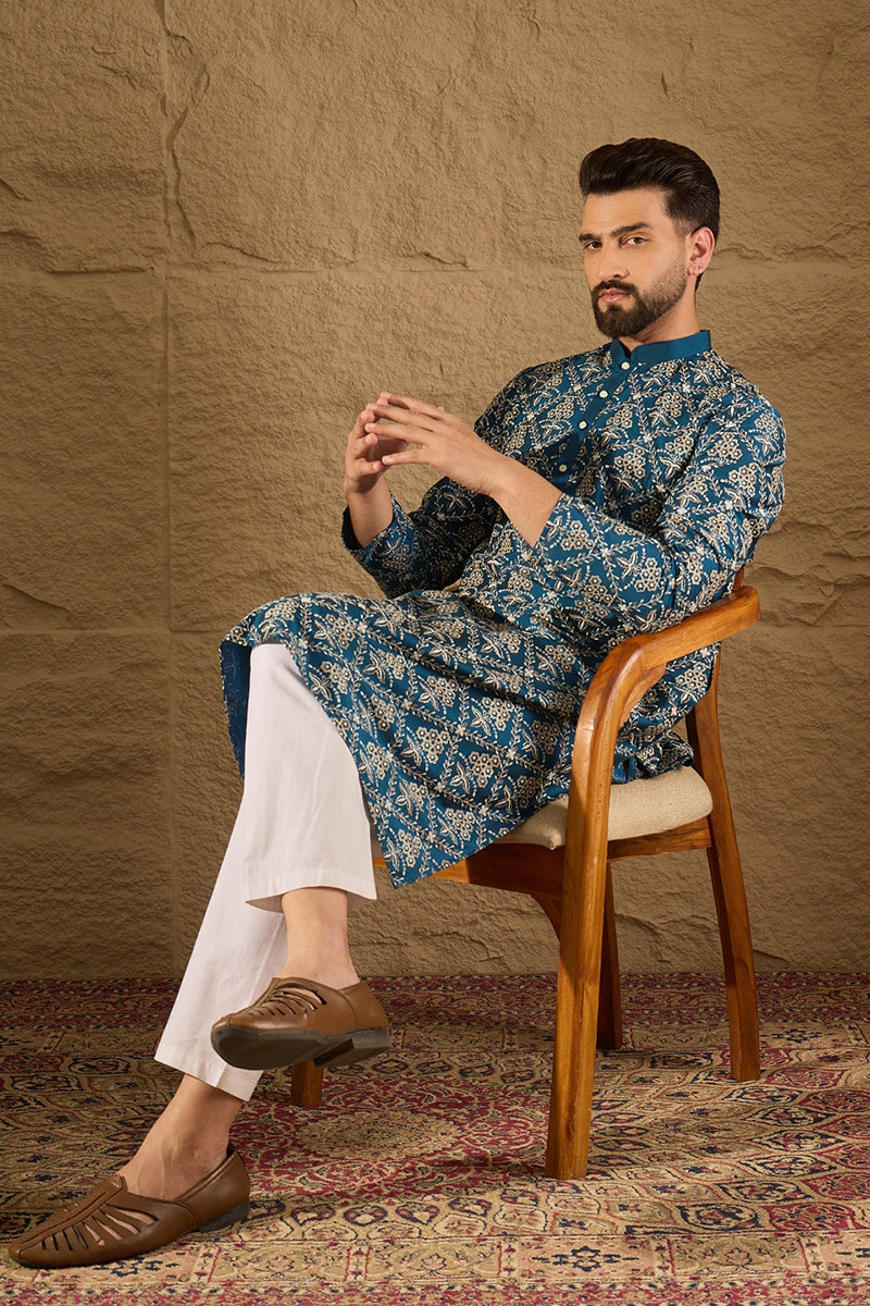 Blue Pure Silk Floral Printed Straight Kurta with Trouser MKSET1273