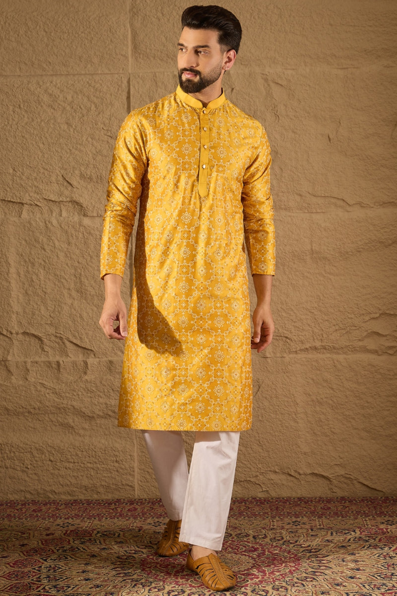 Yellow Silk  Geometric Printed Straight Kurta MKU1276