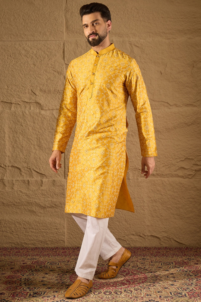 Yellow Silk Floral Printed Straight Kurta HOPMKU1276