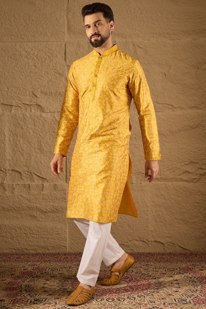 Yellow Silk Floral Printed Straight Kurta HOPMKU1276
