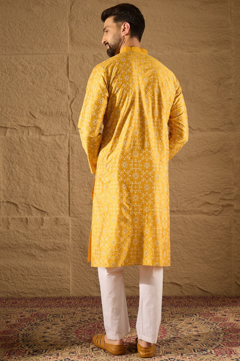 Yellow Silk Floral Printed Straight Kurta HOPMKU1276