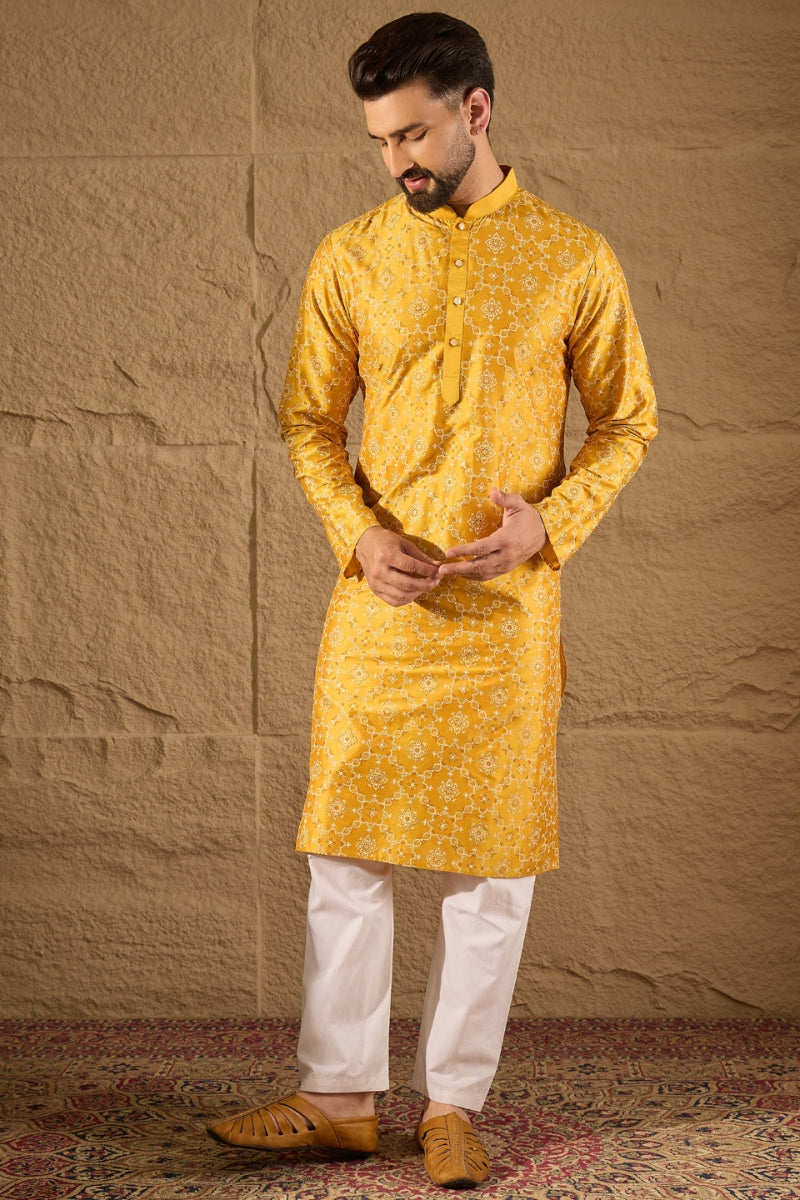 Yellow Silk Floral Printed Straight Kurta HOPMKU1276