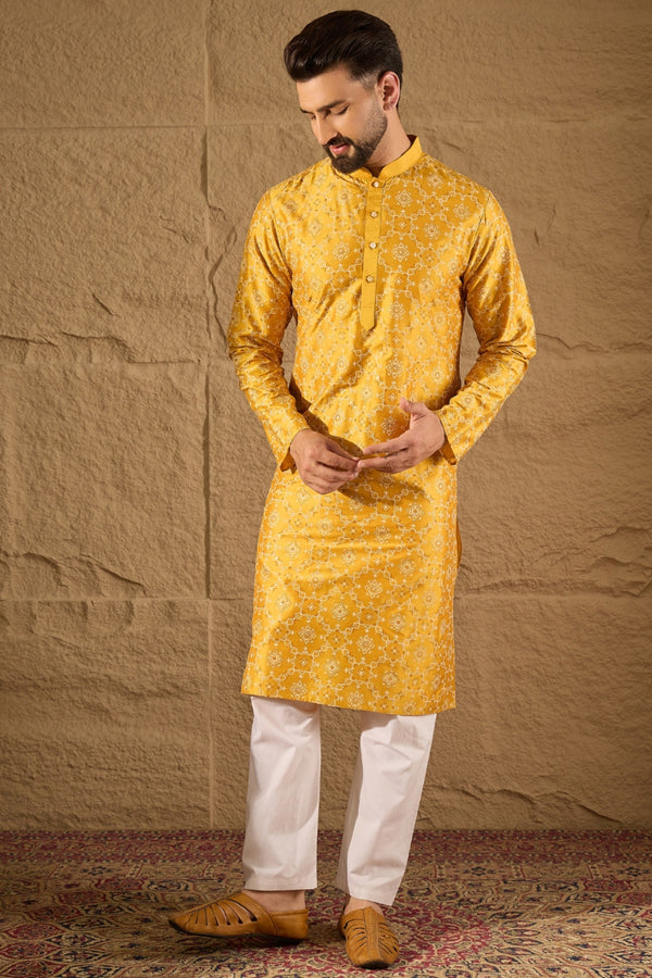 Yellow Silk Floral Printed Straight Kurta HOPMKU1276
