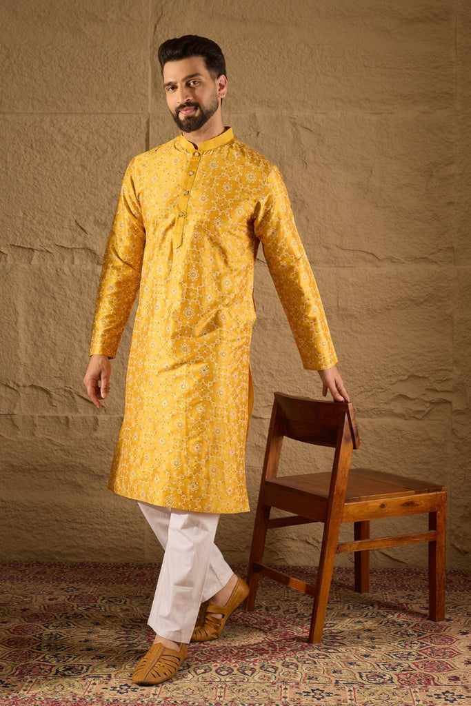 Yellow Silk Floral Printed Straight Kurta HOPMKU1276