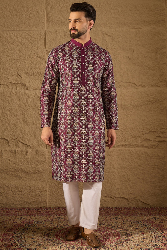 Purple Silk Floral Printed Straight Kurta HOPMKU1279