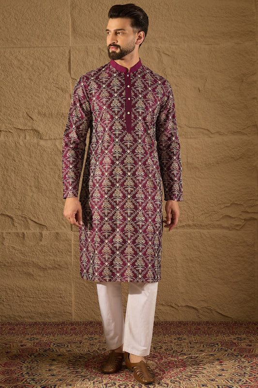 Purple Silk Printed Straight Kurta MKU1279