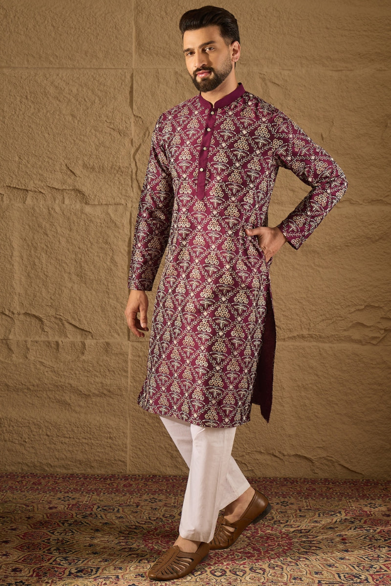 Purple Silk Printed Straight Kurta MKU1279